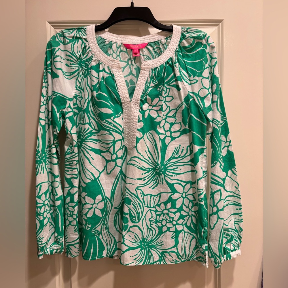 Lilly Pulitzer Caitlin Tunic Top NWT Small Green White Floral Boho